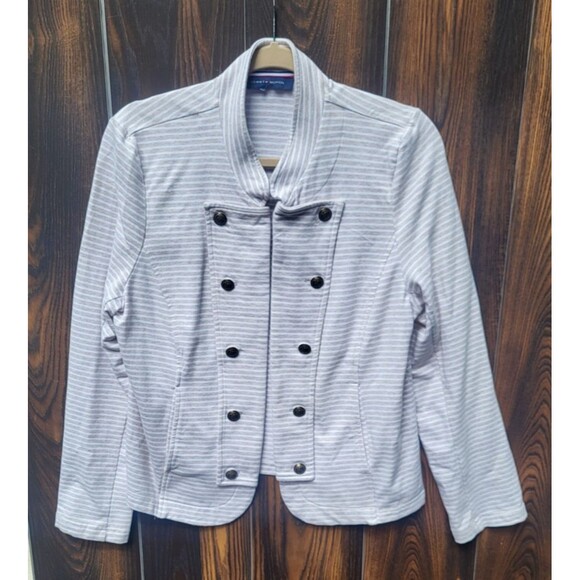 Tommy Hilfiger Tan Gray White Stripe Button Chest Jacket Size M - Picture 1 of 5